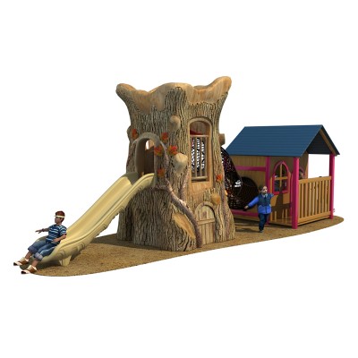 Eco-Friendly kids outdoor playground wooden tree house plastic slide for preschool