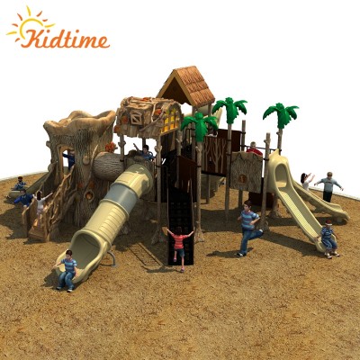 New design kids outdoor wooden tree house with plastic slide